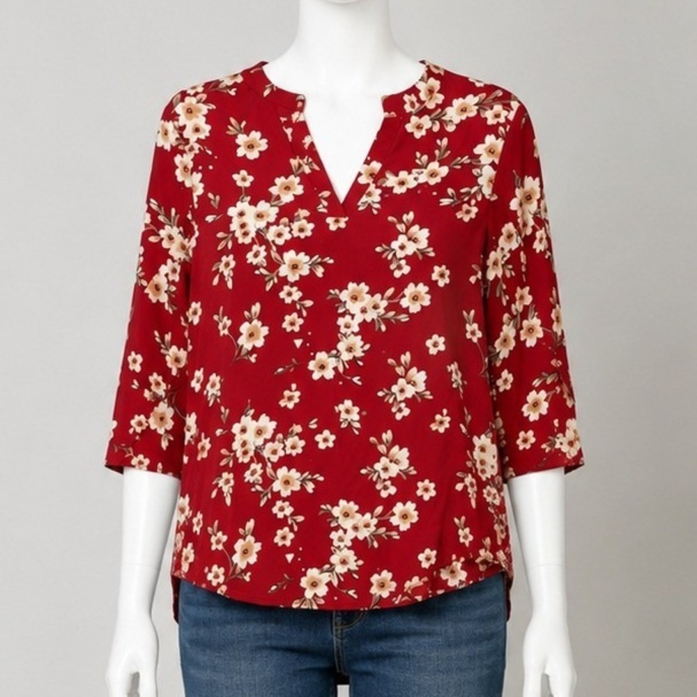 Findsweet Women Blouse Red Floral 3/4 Sleeve V-Neck Back Pleat M